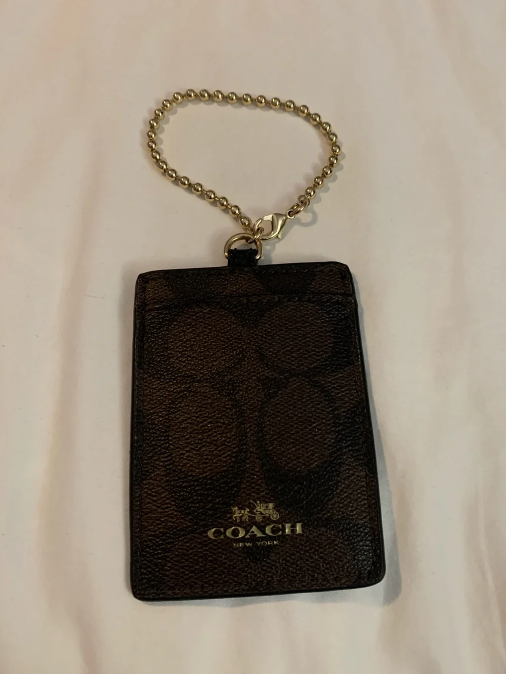 EUC Coach Brown Signature Card Holder with Big Gold Ball Chain